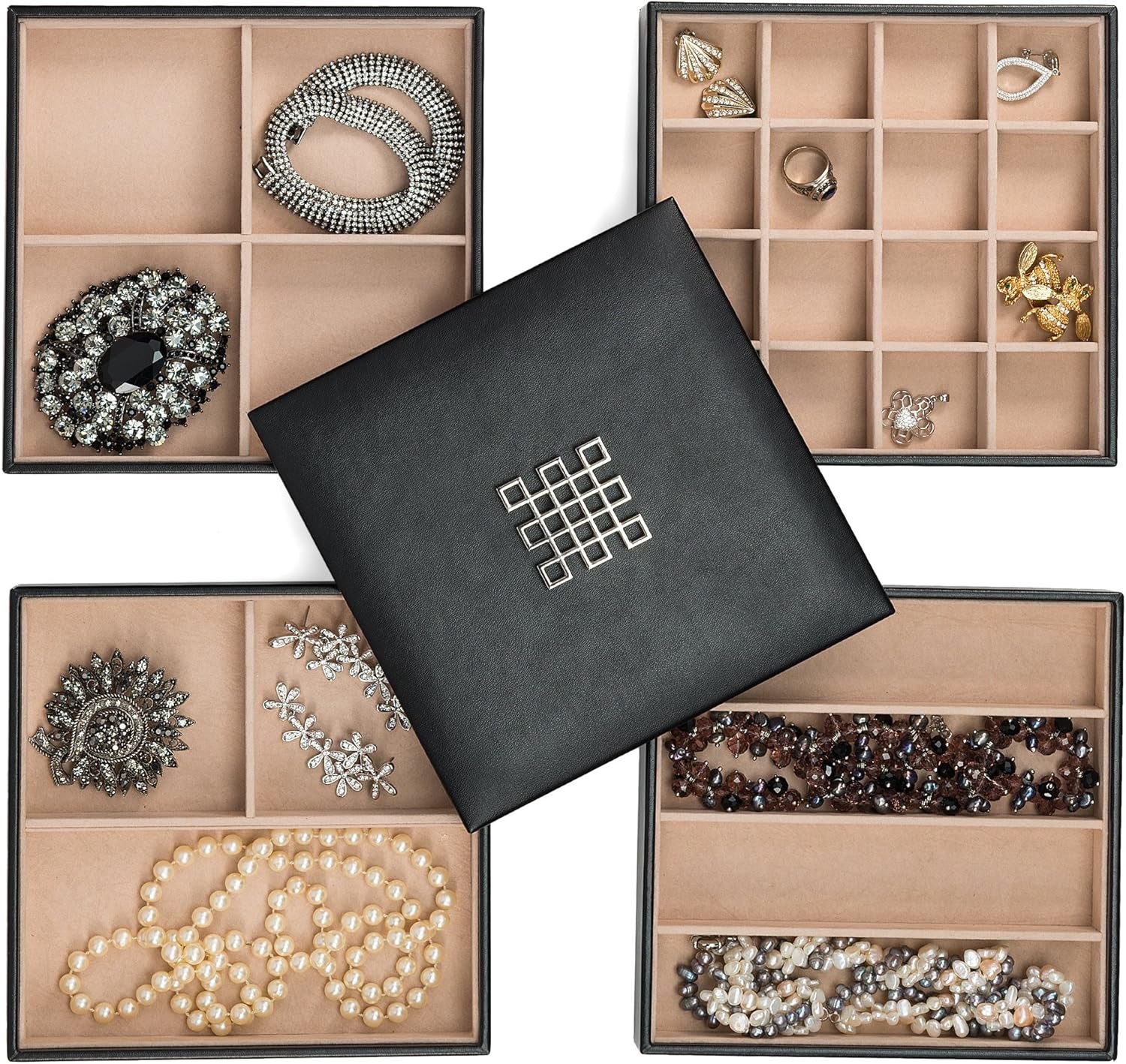 Jewelry Organizer Tray - 4 Stackable Trays & Lid with Mirror - 27 Slot Storage for Drawer, Dresser - Black