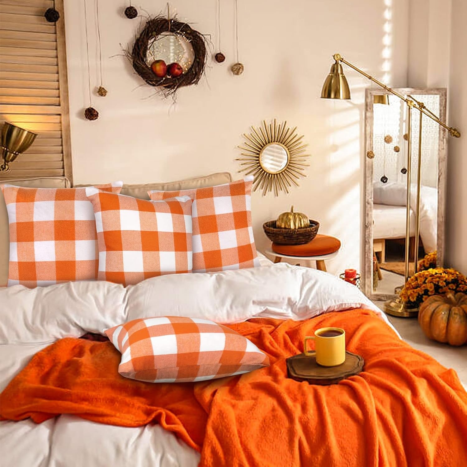 Set of 4 Fall Pillow Covers 20X20, Buffalo Check Plaid Orange Pillow Covers Outdoor Fall Decor for Home Farmhouse Throw Pillows Linen Cushion Covers for Couch Autumn Thanksgiving Decoration