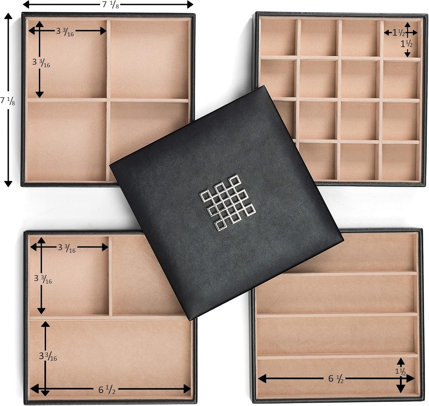 Jewelry Organizer Tray - 4 Stackable Trays & Lid with Mirror - 27 Slot Storage for Drawer, Dresser - Black