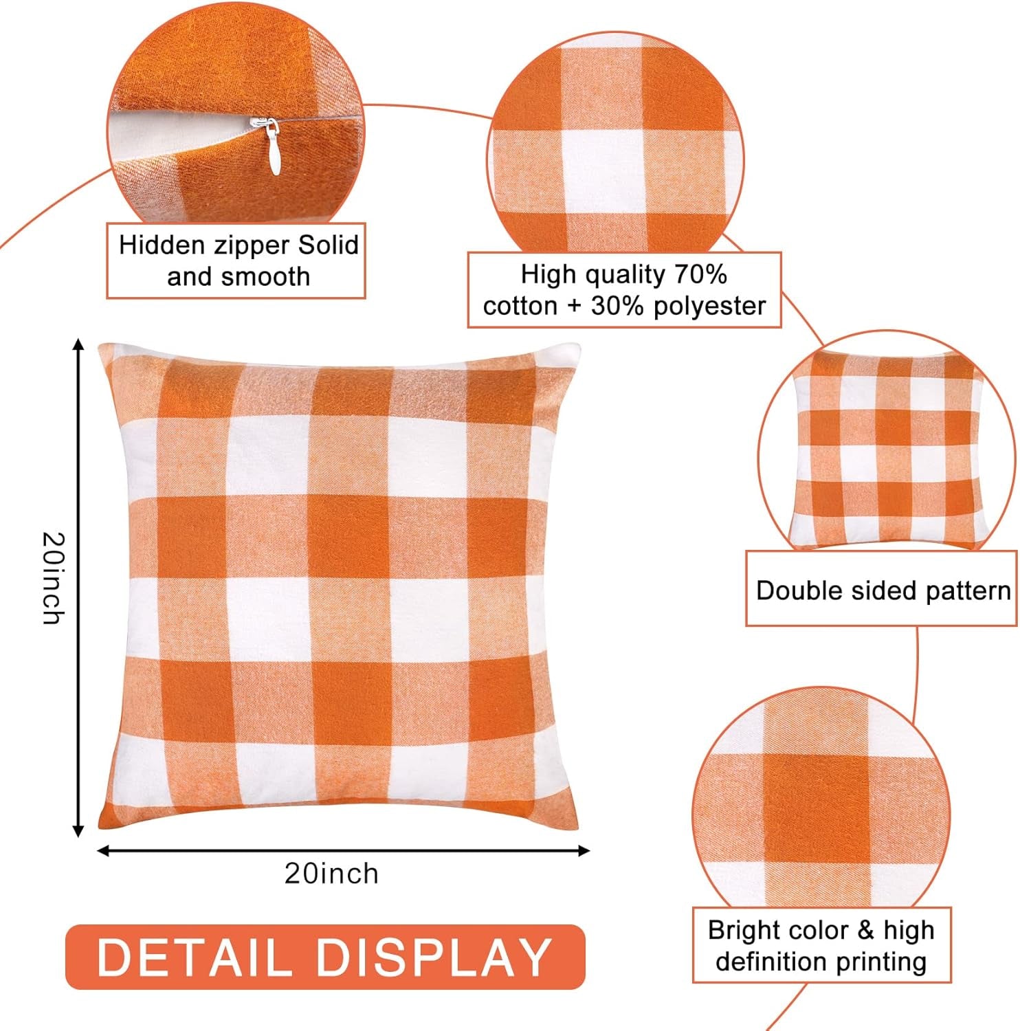 Set of 4 Fall Pillow Covers 20X20, Buffalo Check Plaid Orange Pillow Covers Outdoor Fall Decor for Home Farmhouse Throw Pillows Linen Cushion Covers for Couch Autumn Thanksgiving Decoration