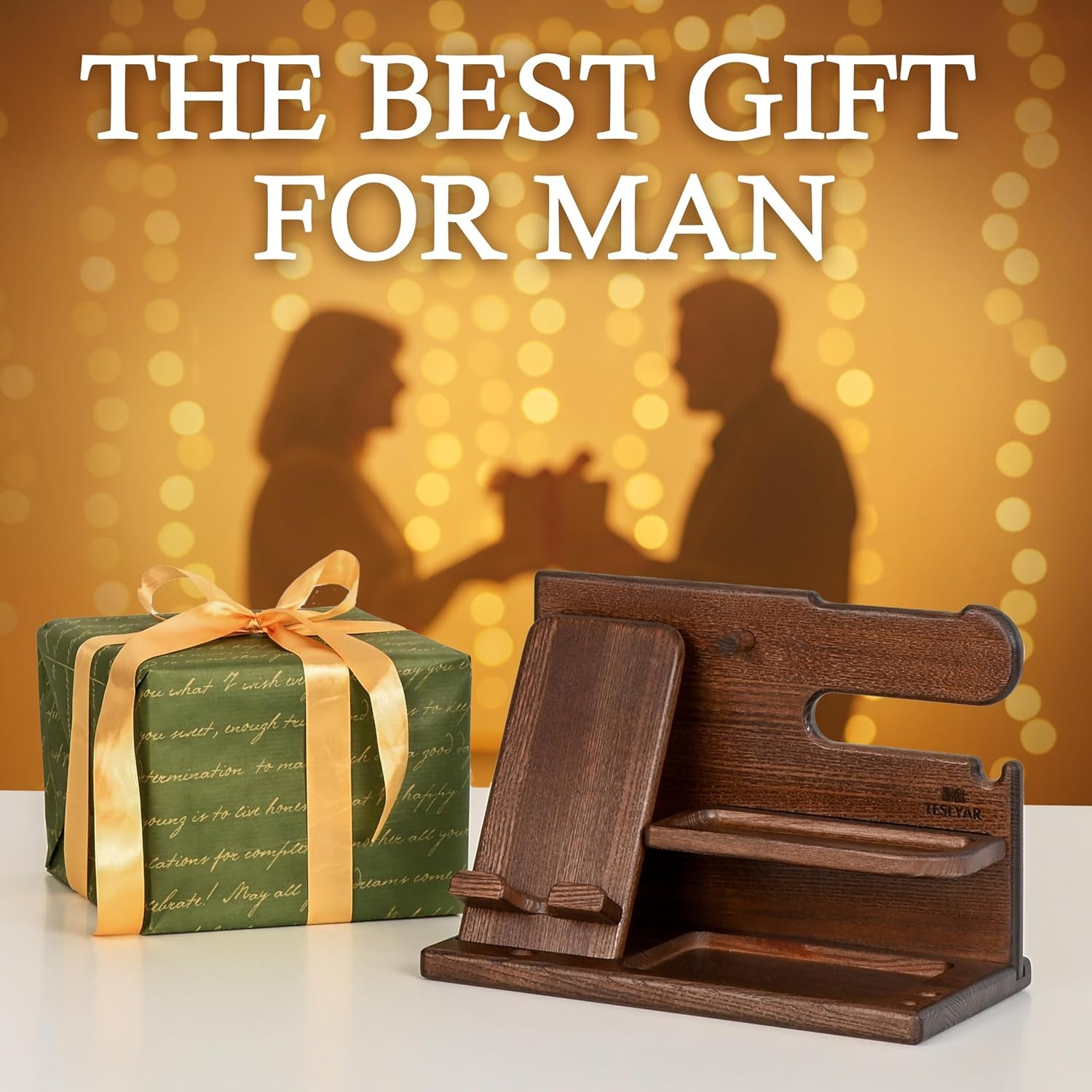 Wood Phone Docking Station for Men - Desk or Nightstand Organizer - Birthday Gifts for Husband, Dad - Anniversary Idea from Wife - Key Holder, Stand Wallet, Watch & Essentials (Bourbon Brown)