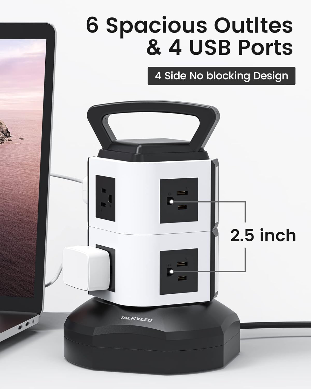 Power Strip Tower Surge Protector,  6.5Ft Retractable Extension Cord with 4 USB Ports 6 AC Outlets, 3000W 13A Desktop Charging Station for Home Office Dorm Room