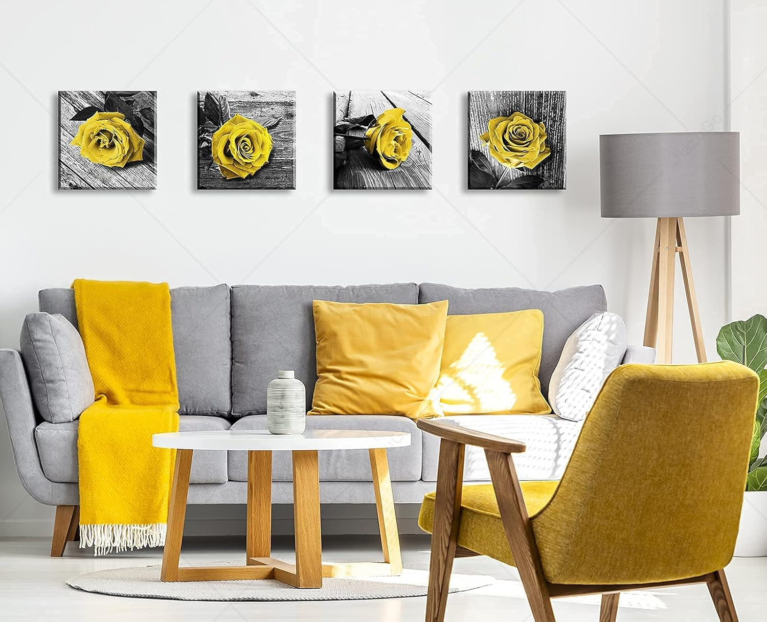 4 Pieces Yellow and Grey Rose Canvas Wall Art Prints - Framed Floral Decor with Rose Flowers for Bedroom and Bathroom, Love Aesthetics Decoration