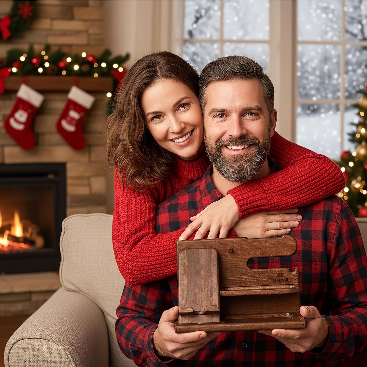 Wood Phone Docking Station for Men - Desk or Nightstand Organizer - Birthday Gifts for Husband, Dad - Anniversary Idea from Wife - Key Holder, Stand Wallet, Watch & Essentials (Bourbon Brown)