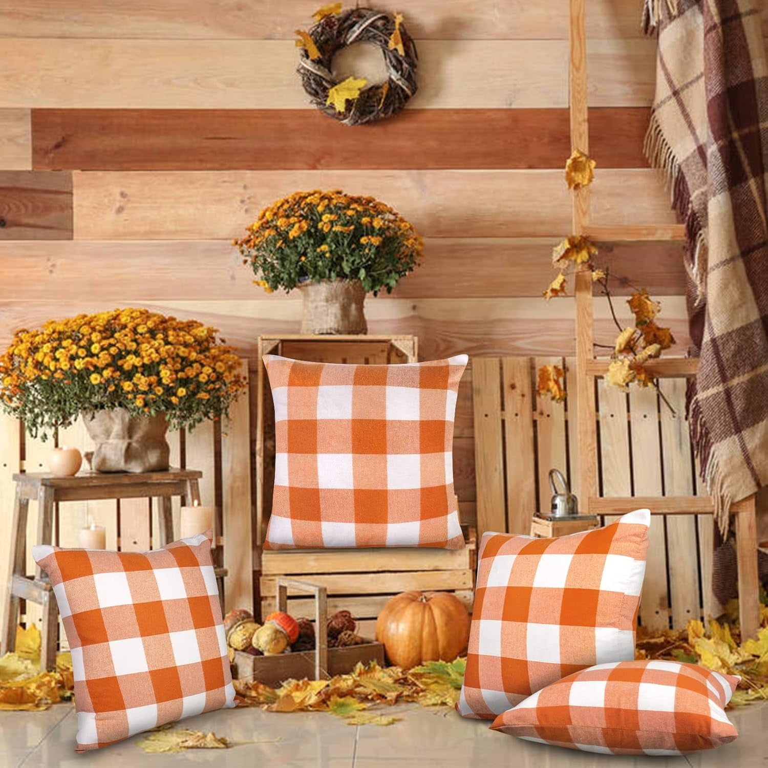 Set of 4 Fall Pillow Covers 20X20, Buffalo Check Plaid Orange Pillow Covers Outdoor Fall Decor for Home Farmhouse Throw Pillows Linen Cushion Covers for Couch Autumn Thanksgiving Decoration