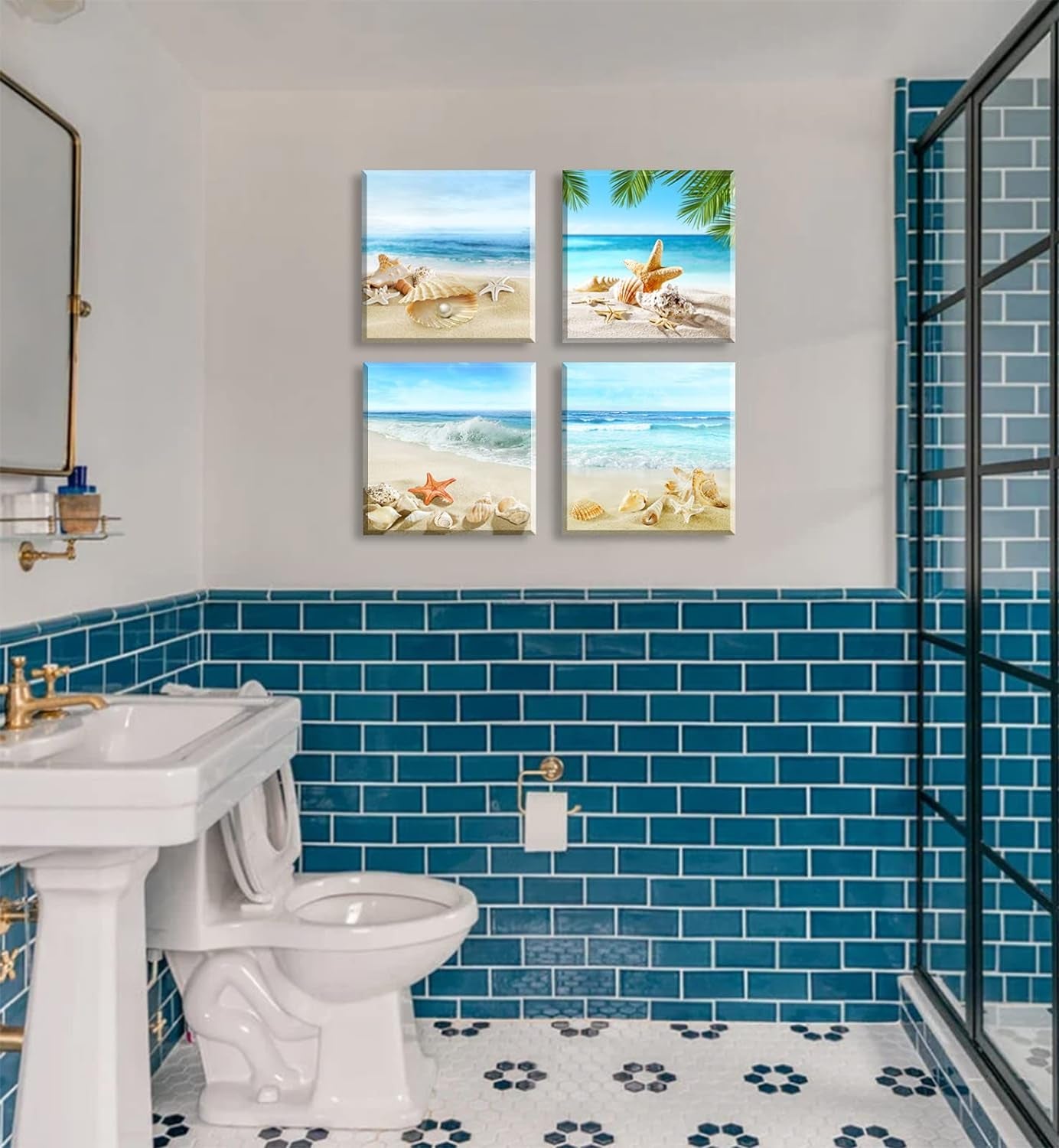 Beach Wall Art Bathroom Paintings Decor Seashell Starfish Nature Canvas Pictures Blue Ocean Theme Decorations Posters Contemporary Nautical for Bedroom…