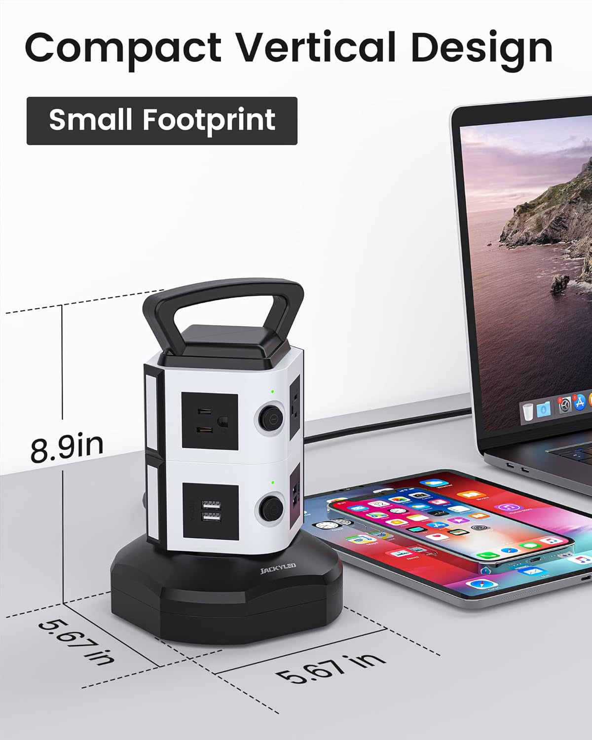 Power Strip Tower Surge Protector,  6.5Ft Retractable Extension Cord with 4 USB Ports 6 AC Outlets, 3000W 13A Desktop Charging Station for Home Office Dorm Room