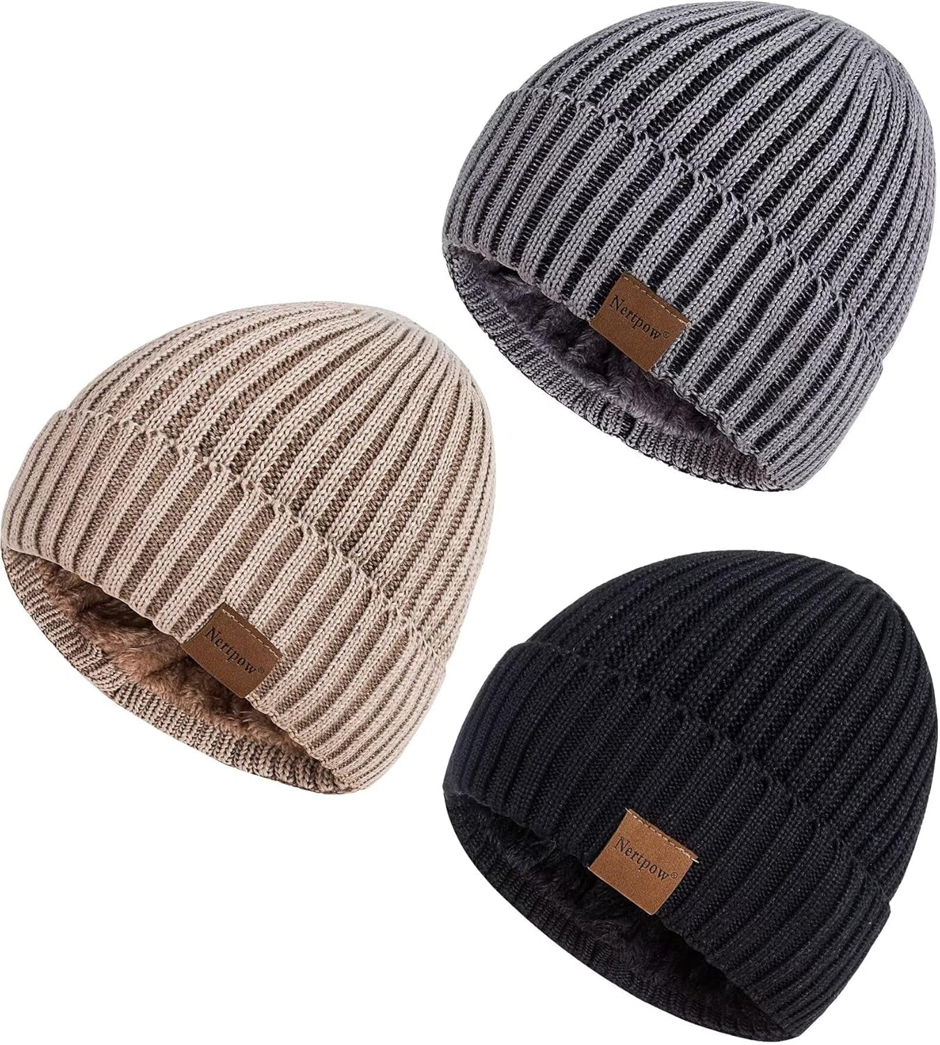 Mens Beanie Hats 3 Pack, Winter Hats for Men Women Warm Thermal Fleece Lined, Thick Knit Fashion Skull Cap for Guys