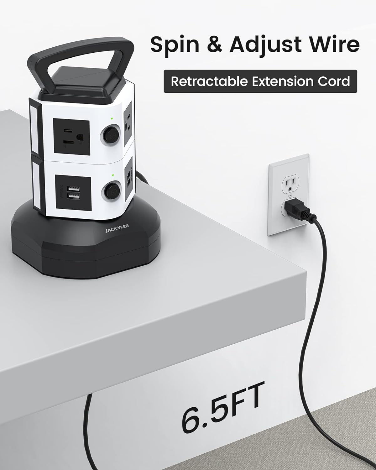 Power Strip Tower Surge Protector,  6.5Ft Retractable Extension Cord with 4 USB Ports 6 AC Outlets, 3000W 13A Desktop Charging Station for Home Office Dorm Room