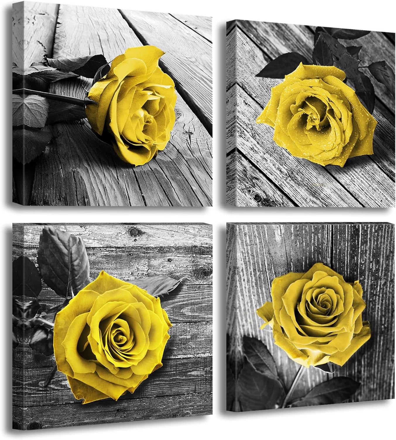 4 Pieces Yellow and Grey Rose Canvas Wall Art Prints - Framed Floral Decor with Rose Flowers for Bedroom and Bathroom, Love Aesthetics Decoration
