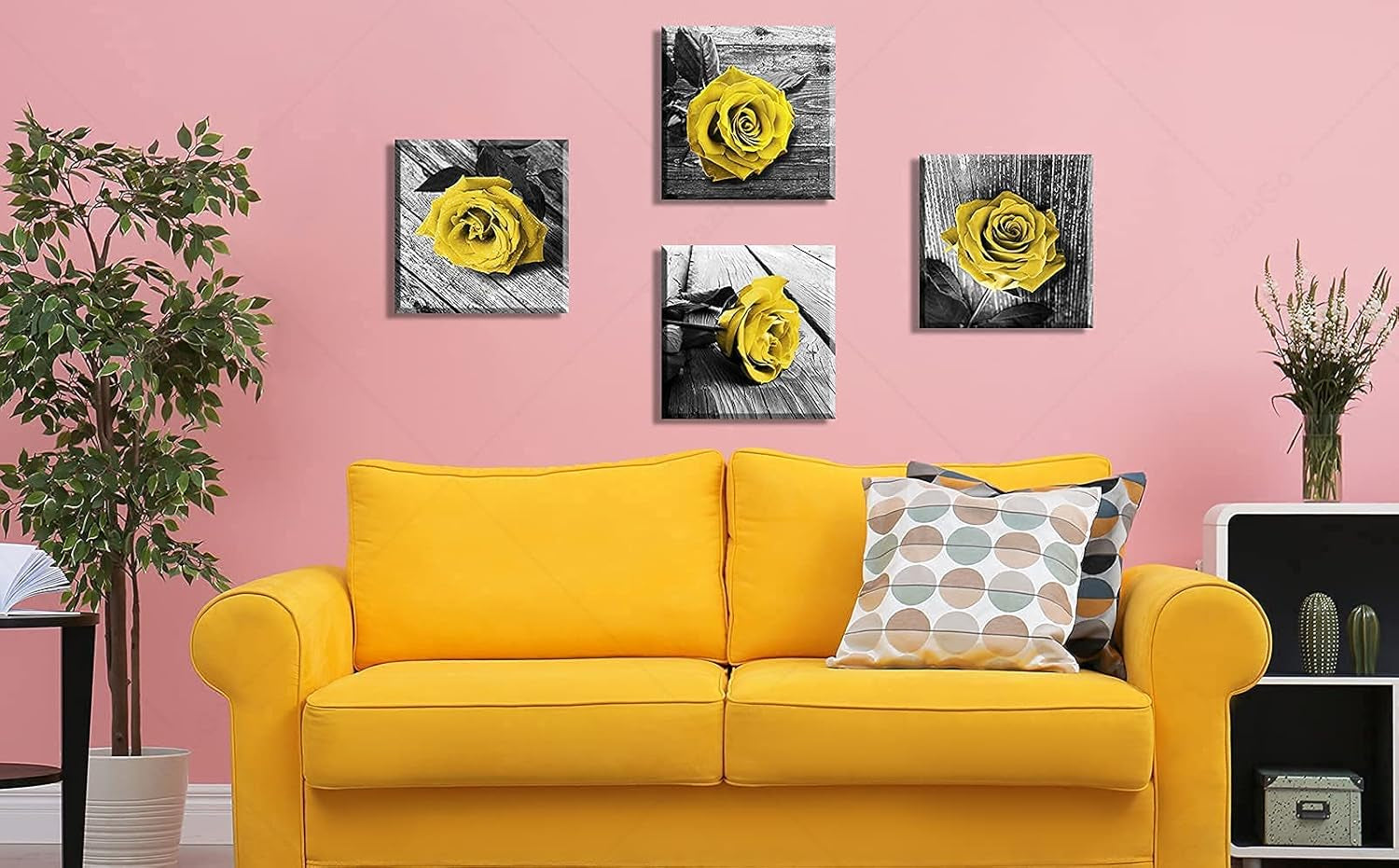 4 Pieces Yellow and Grey Rose Canvas Wall Art Prints - Framed Floral Decor with Rose Flowers for Bedroom and Bathroom, Love Aesthetics Decoration