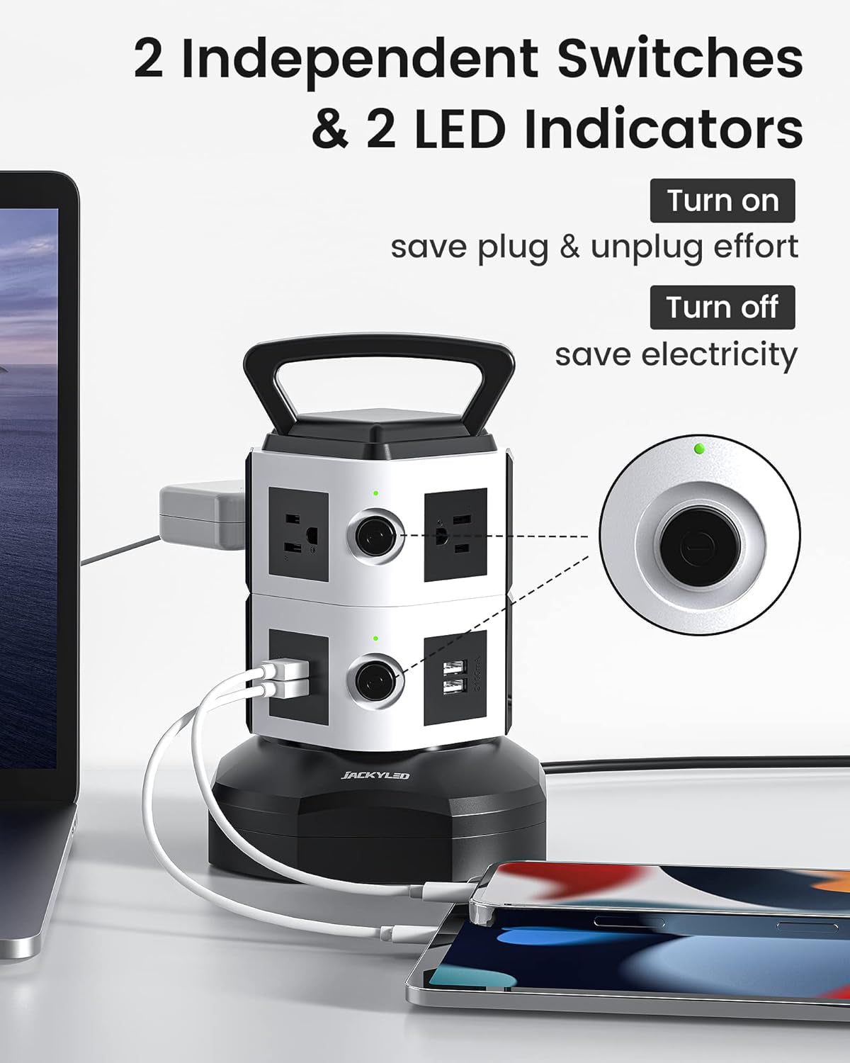 Power Strip Tower Surge Protector,  6.5Ft Retractable Extension Cord with 4 USB Ports 6 AC Outlets, 3000W 13A Desktop Charging Station for Home Office Dorm Room