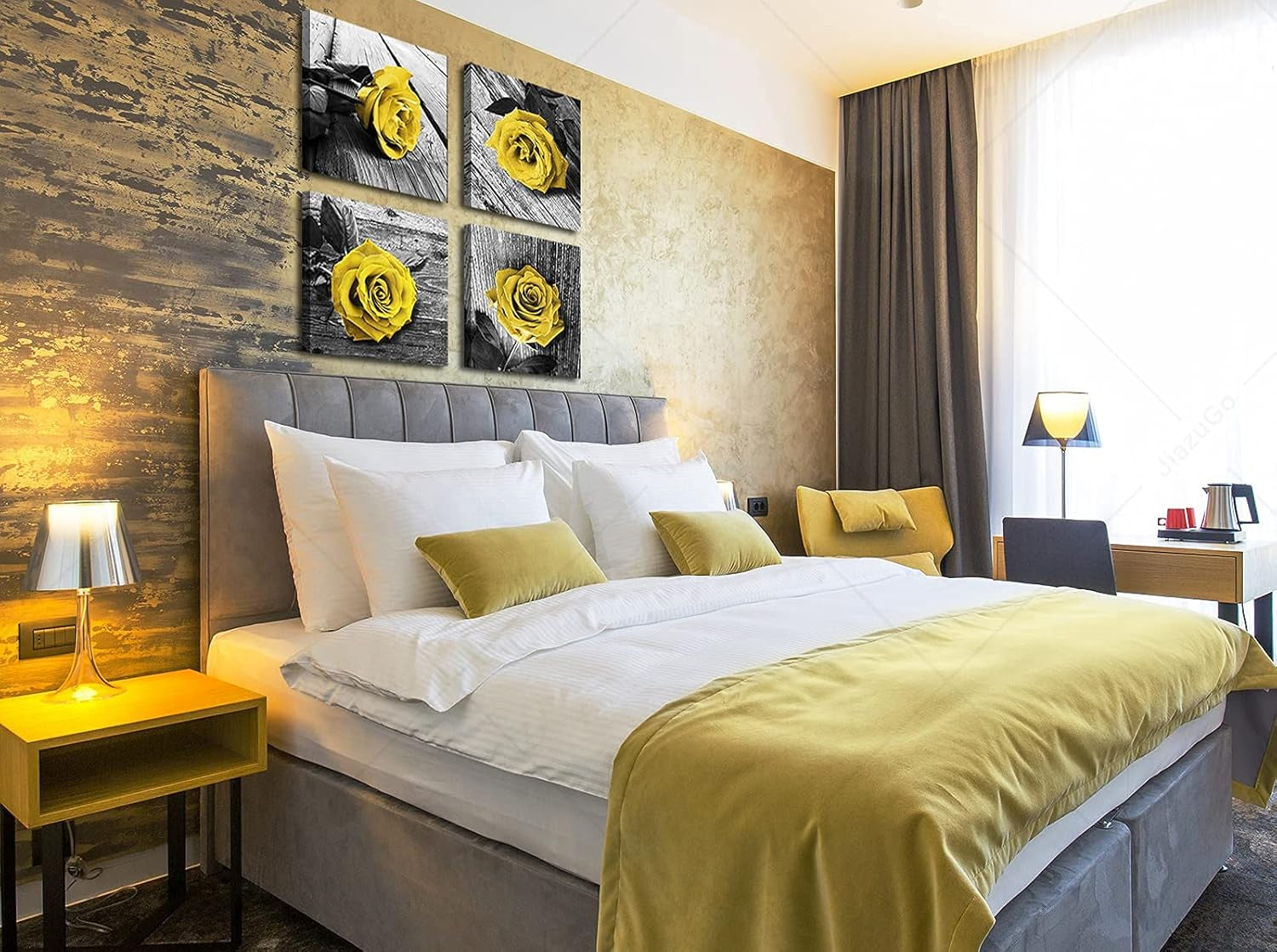 4 Pieces Yellow and Grey Rose Canvas Wall Art Prints - Framed Floral Decor with Rose Flowers for Bedroom and Bathroom, Love Aesthetics Decoration