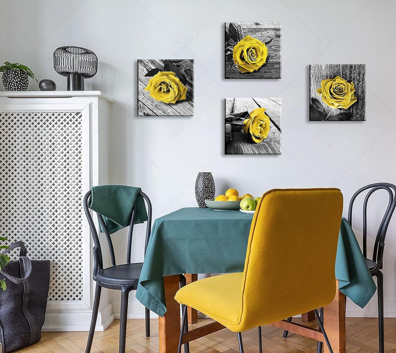 4 Pieces Yellow and Grey Rose Canvas Wall Art Prints - Framed Floral Decor with Rose Flowers for Bedroom and Bathroom, Love Aesthetics Decoration