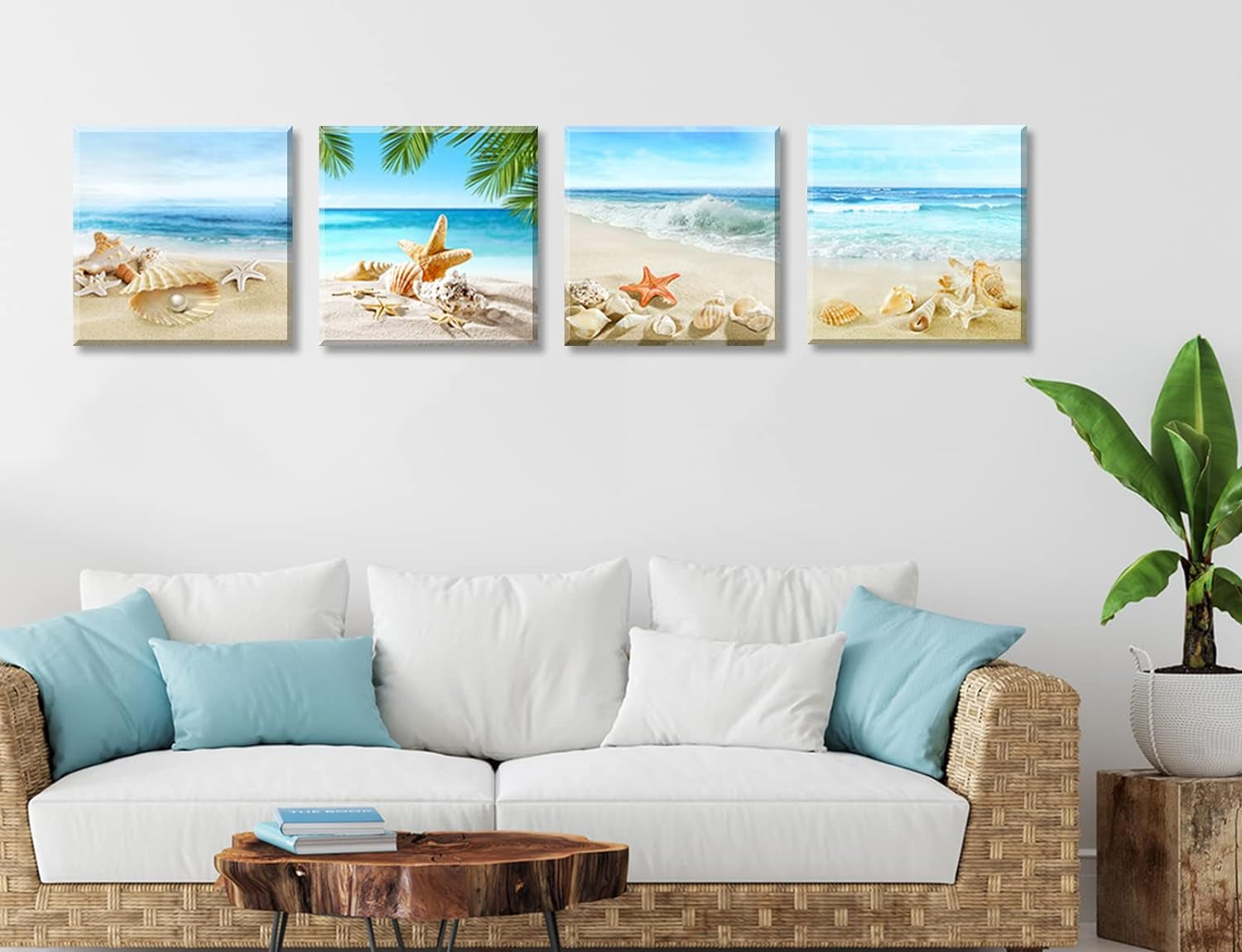 Beach Wall Art Bathroom Paintings Decor Seashell Starfish Nature Canvas Pictures Blue Ocean Theme Decorations Posters Contemporary Nautical for Bedroom…