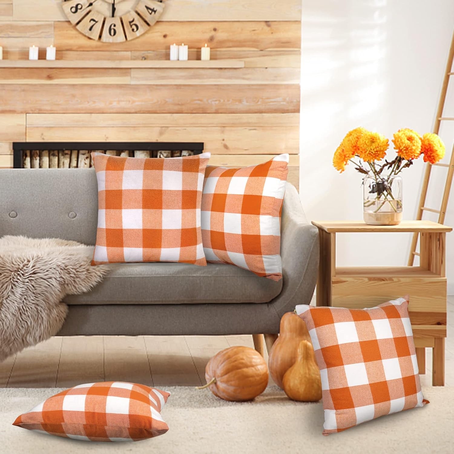 Set of 4 Fall Pillow Covers 20X20, Buffalo Check Plaid Orange Pillow Covers Outdoor Fall Decor for Home Farmhouse Throw Pillows Linen Cushion Covers for Couch Autumn Thanksgiving Decoration