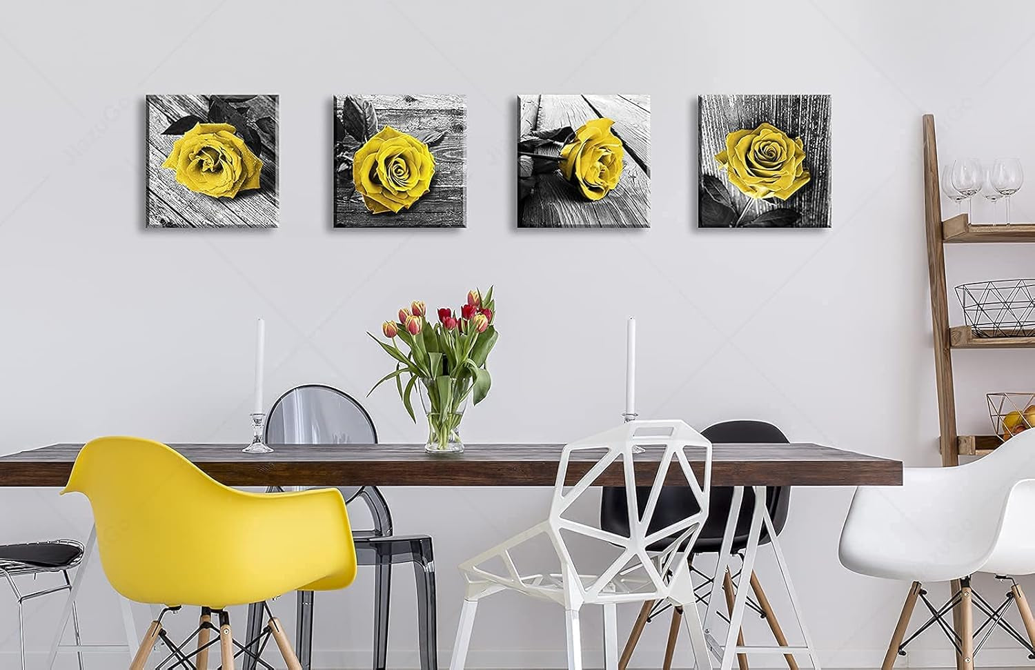 4 Pieces Yellow and Grey Rose Canvas Wall Art Prints - Framed Floral Decor with Rose Flowers for Bedroom and Bathroom, Love Aesthetics Decoration