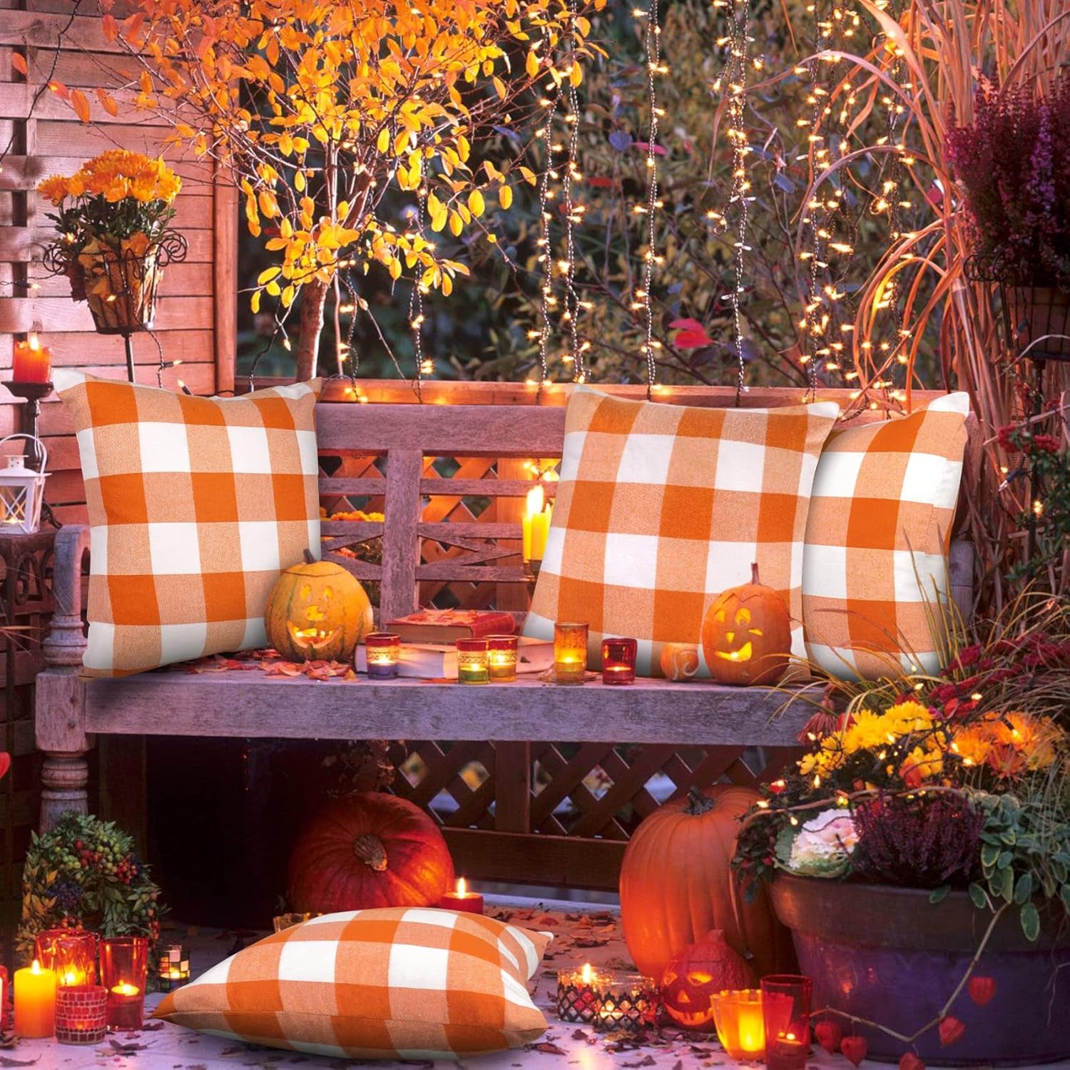Set of 4 Fall Pillow Covers 20X20, Buffalo Check Plaid Orange Pillow Covers Outdoor Fall Decor for Home Farmhouse Throw Pillows Linen Cushion Covers for Couch Autumn Thanksgiving Decoration