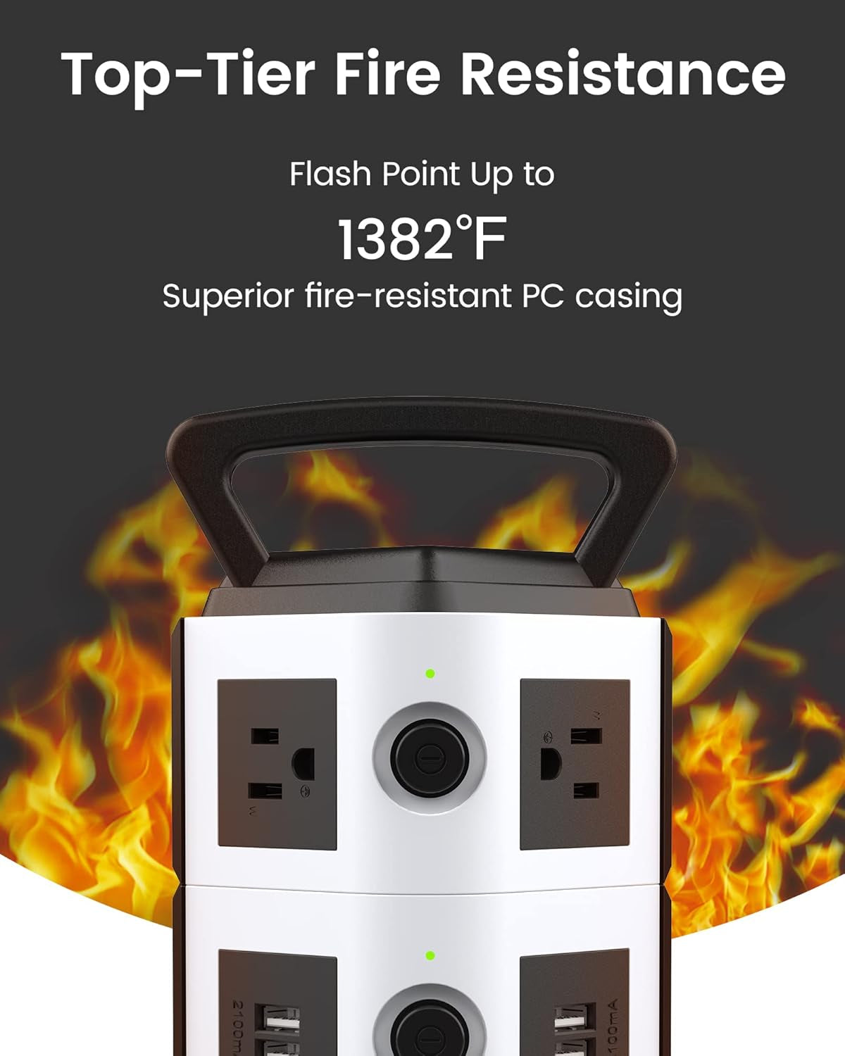 Power Strip Tower Surge Protector,  6.5Ft Retractable Extension Cord with 4 USB Ports 6 AC Outlets, 3000W 13A Desktop Charging Station for Home Office Dorm Room