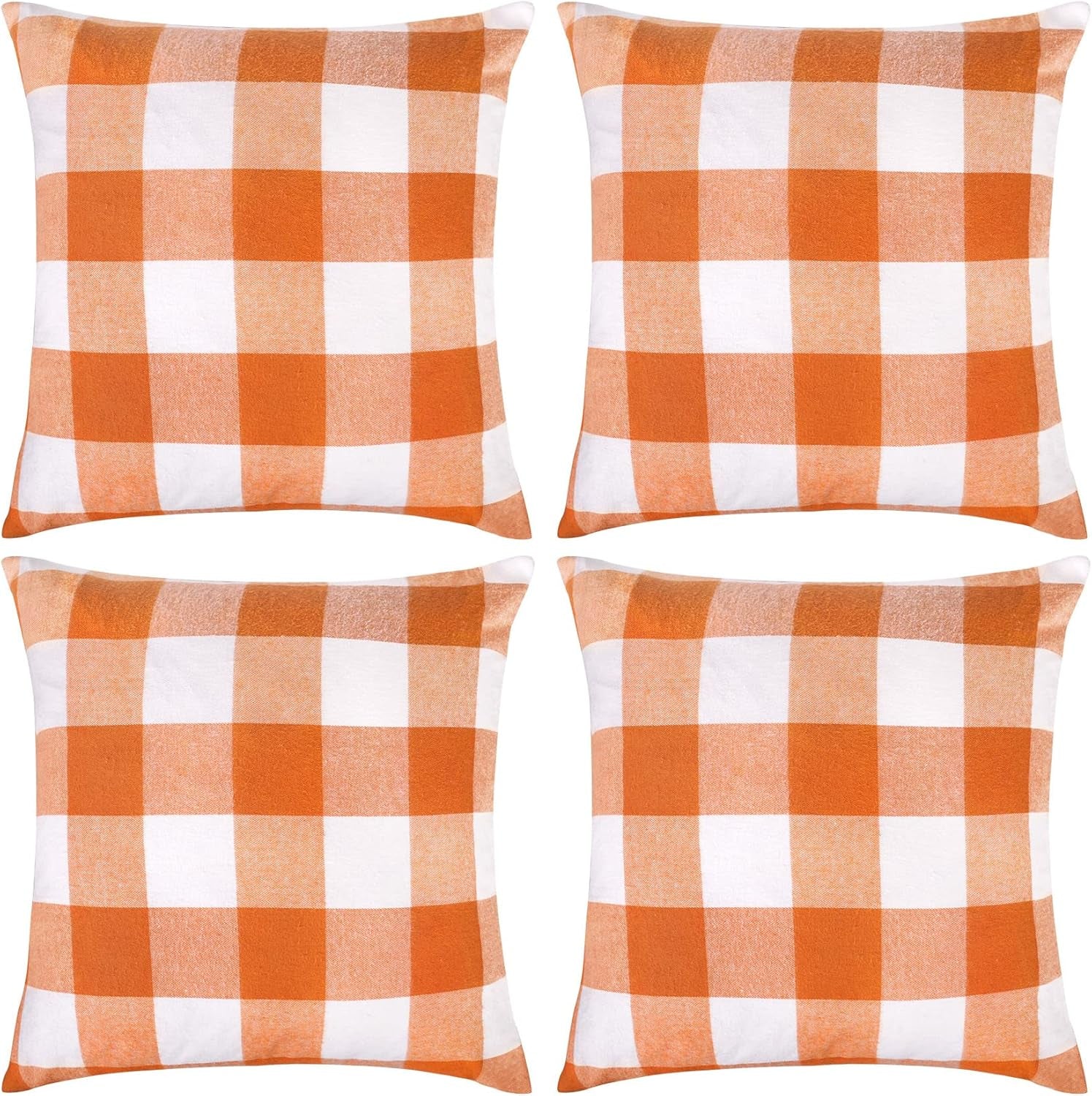 Set of 4 Fall Pillow Covers 20X20, Buffalo Check Plaid Orange Pillow Covers Outdoor Fall Decor for Home Farmhouse Throw Pillows Linen Cushion Covers for Couch Autumn Thanksgiving Decoration