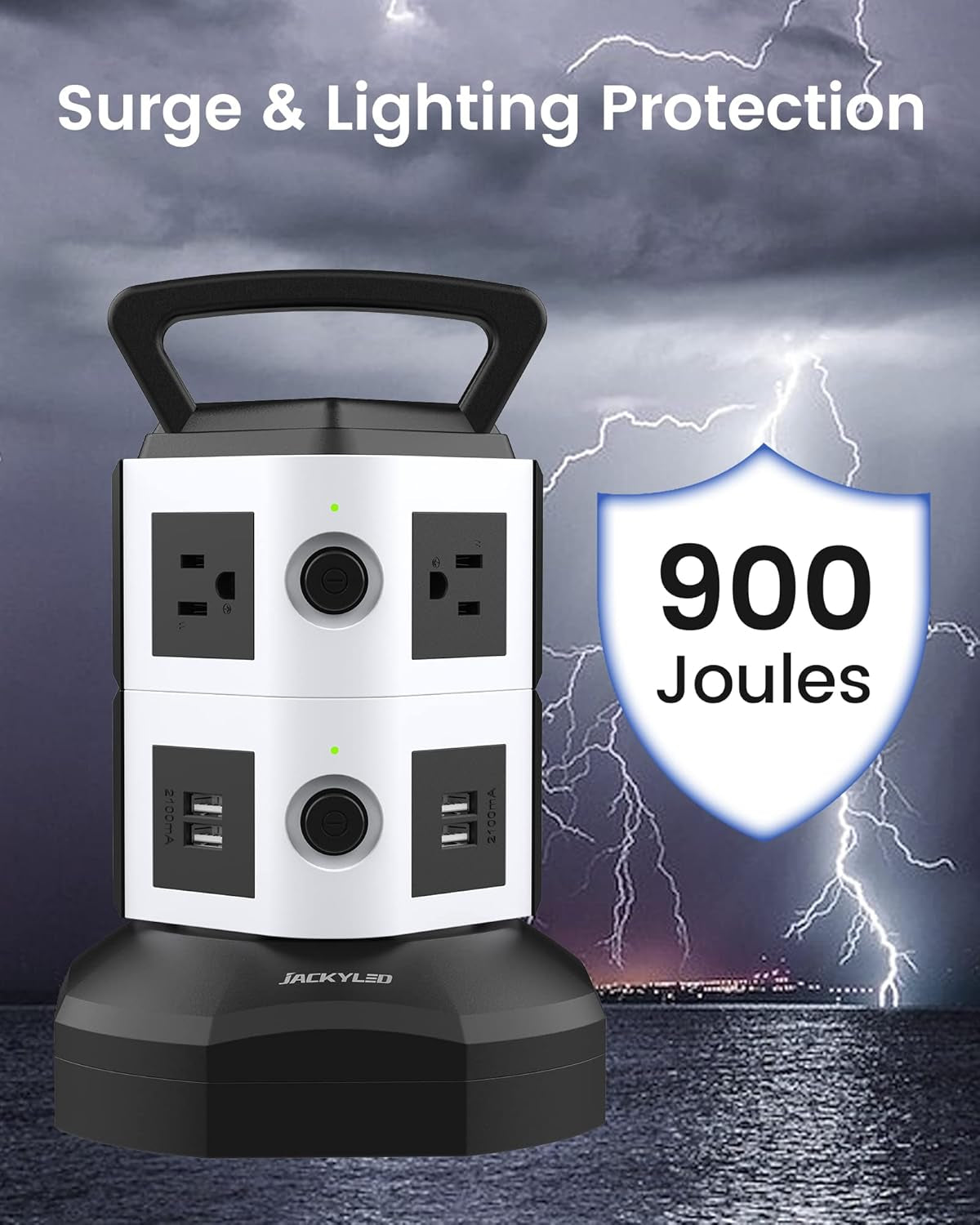 Power Strip Tower Surge Protector,  6.5Ft Retractable Extension Cord with 4 USB Ports 6 AC Outlets, 3000W 13A Desktop Charging Station for Home Office Dorm Room